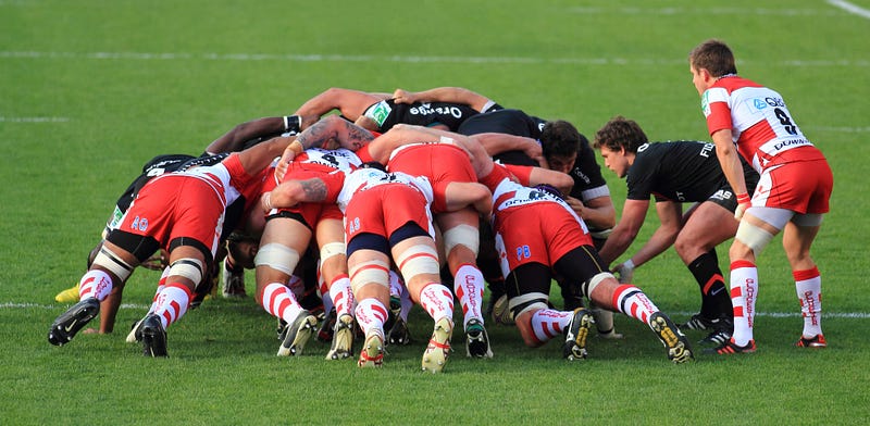 A scrum in rugby